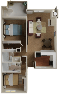 Floor plan for 2 beds, 2 baths, 1080 sqft
